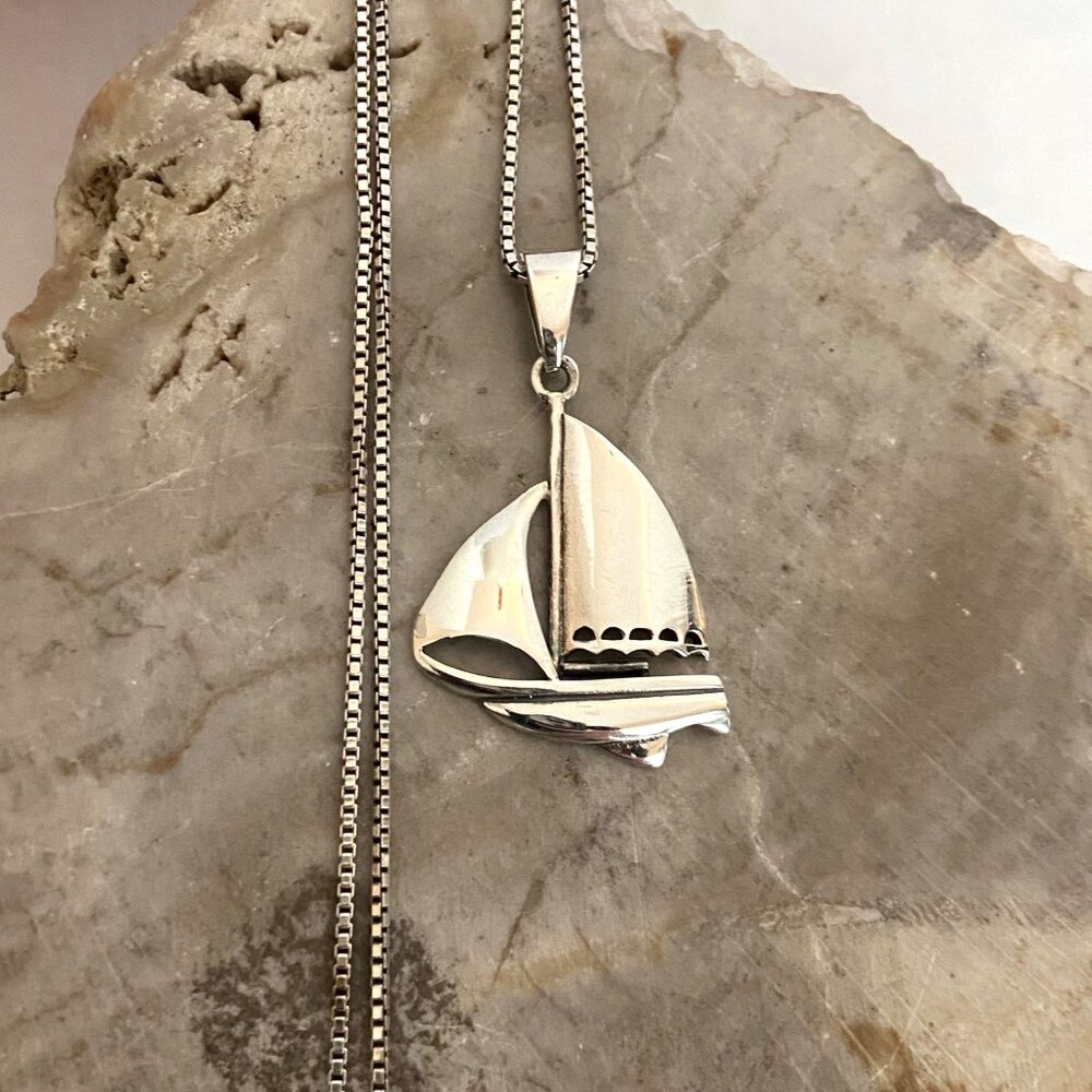 Sterling Silver 925 Unisex Sailboat Nautical Boat Pendant Necklace 20" Chain